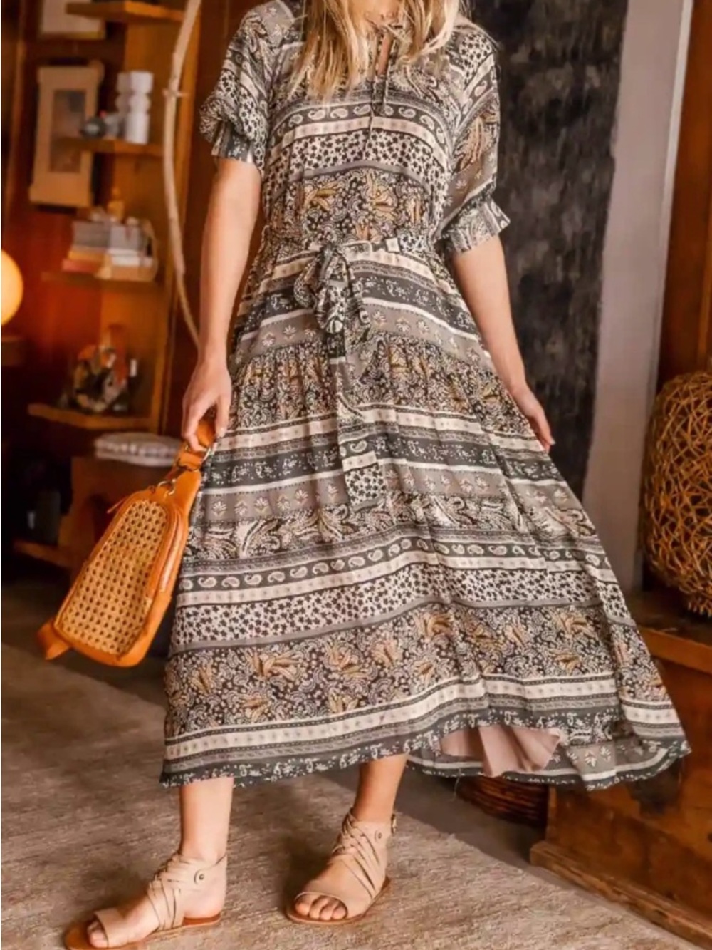 Amara Bohme Olive Green Dress with Floral and Paisley Patterns